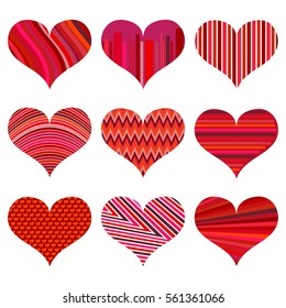 Set of different red hearts. Nine hearts isolated on a white background. Symbol of love. Elements for wedding template.