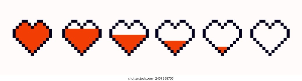 Set of different red hearts in pixel art style. Pixel game life bar. Heart gamer health sign. Pixel icon, vector illustration isolated on white background. 8-bit retro style symbols. Gaming controller