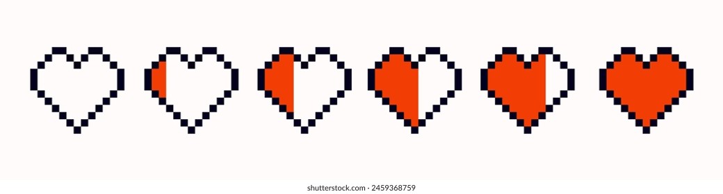 Set of different red hearts in pixel art style. Pixel game life bar. Heart gamer health sign. Pixel icon, vector illustration isolated on white background. 8-bit retro style symbols. Gaming controller