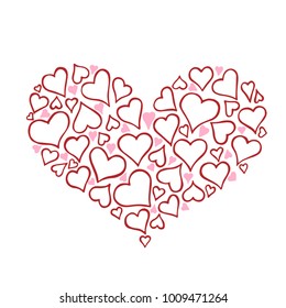 Set of  different red hearts in shape of heart. Valentines day greeting card, hand drawn vector illustration isolated on white.