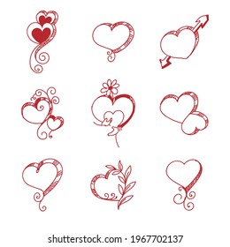 Set of different red hearts sketch set design