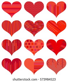 Set of different red hearts. Twelve hearts isolated on white background. Symbol of love. Elements for wedding template.