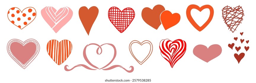 Set of different red and pink heart silhouettes. Hand drawn vector illustrations isolated on white background. Traditional Love sign Design element for Valentines Day greeting card, banner