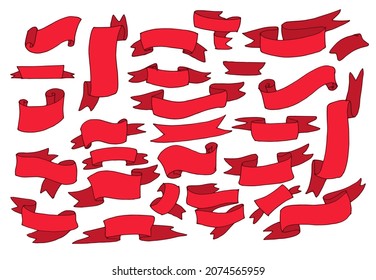 a set of different red ribbons. a collection of banners with a three-dimensional texture in the style of doodles. Design elements of greeting cards, banners, invitations. vintage black elements 