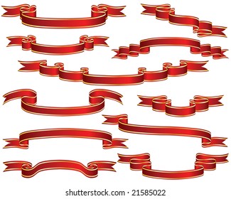 set of different red ribbons with golden stripes