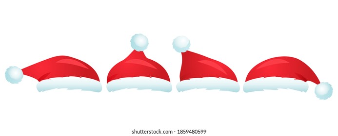 Set of different red santa claus hats. traditional Christmas decor. vector illustration isolated on white background