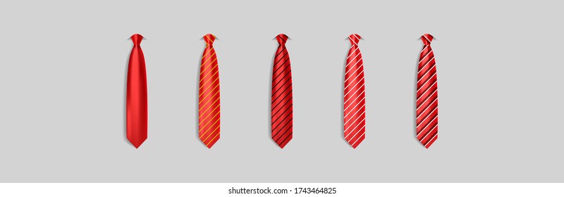 Set different red ties isolated on gray background. Colored ties for men. Vector plain illustration eps10