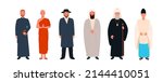 Set of different religious clerics. Religious leader or priest in traditional clothes, saint tradition, church episcopal worker, member of clergy cartoon vector illustration