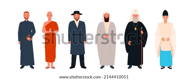 Set of\
different religious clerics. Religious leader or priest in\
traditional clothes, saint tradition, church episcopal worker,\
member of clergy cartoon vector\
illustration