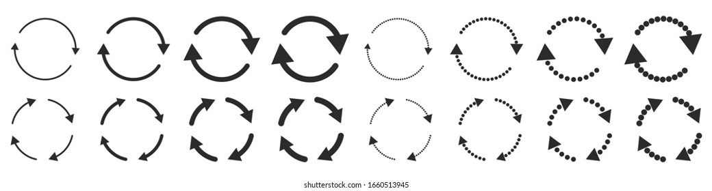 Set of different reload arrows. Vector illustration. Black circle arrows. Signs of recycling.