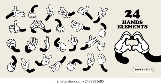 Set of Different Retro Four-Fingered Cartoon Hands. 1930's style vintage cartoon body parts collection. 