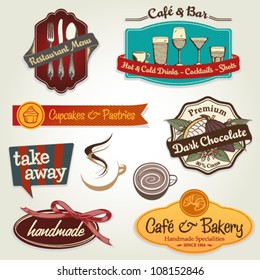 set of different retro label, sticker and icons for restaurants, bars, cafes, take away, coffee to go