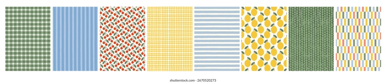 Set of different retro patterns. Geometric backgrounds with lines, check, lemons. Lines, cheсked design. Design for cover, card, frame, poster. 