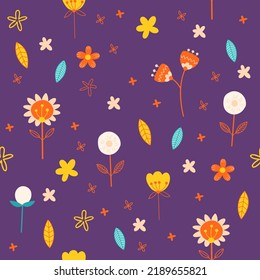 Set of different retro style flowers and leaves on a violet background. Bright and pretty different colored cute flowers.