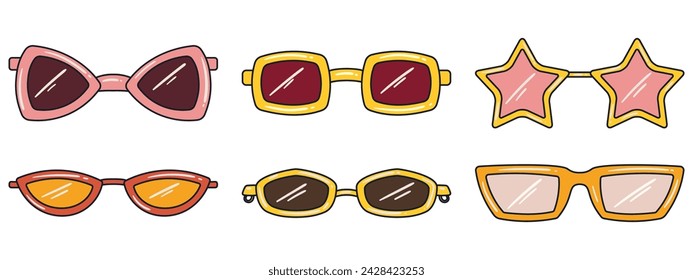 Set of different retro style, hippie sunglasses. Retro aesthetic vibe, 70's. Hand drawn vector flat style vector illustrations