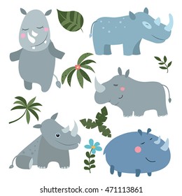 Set of different rhinoceroses on white background.