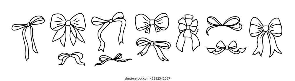 Set of different ribbon bows line art vector.