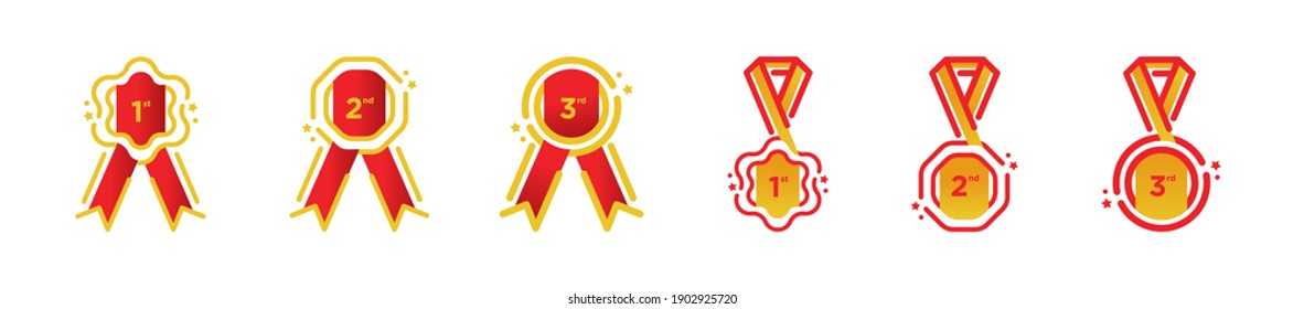 Conjunto de diferentes medallas de cinta y logotipo de los iconos del trofeo. Primer, segundo y tercer puesto, conjunto de medallas, ganadores y logo del premio. Obtén el signo de ilustración de icono vector. Icono de vector de premio. Arte de línea gráfica con logotipo moderno