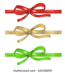 set of different ribbons with bow in red, gold or yellow and green color on white background