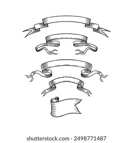 Set of different ribbons. Design icons for greeting cards, banners, invitations. Hand drawn design element. Ink, clipart Sketch, vector illustration. 