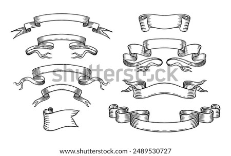 Set of different ribbons. Design icons for greeting cards, banners, invitations. Hand drawn design element. Ink, clipart Sketch, vector illustration. 