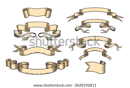 Set of different ribbons. Design icons for greeting cards, banners, invitations. Hand drawn design element. Ink, clipart Sketch, vector illustration. 