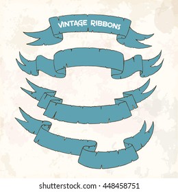 Set different ribbons on a vintage background. Drawing by hand, sketch. Decor for advertising or web in an old style. Vector