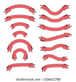 Set of different ribbons with strips, red tape banner collection, vector illustration