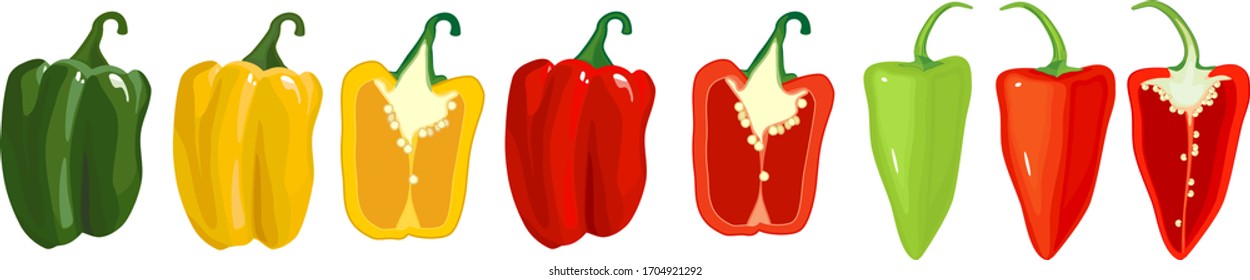 Set of different ripe sweet peppers whole and in cut isolated on white background