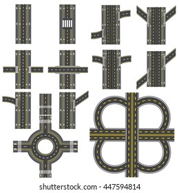 Set of different road sections with a circular motion. Transitions, turns and various intersections. series depicts the sidewalks, marked bicycle lanes. View from above. Vector illustration
