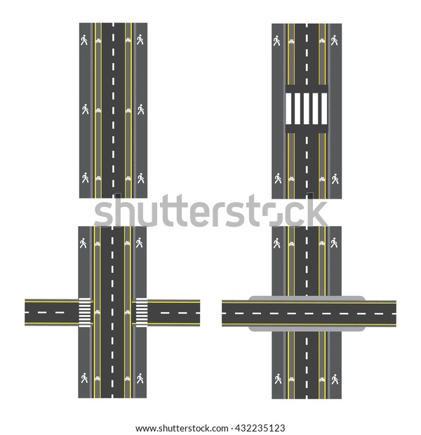 Set of different\
road sections with transitions, bike paths, sidewalks and\
intersections. Vector\
illustration