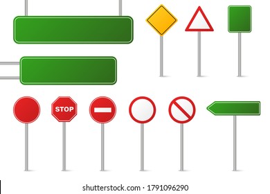 Set of different road signs isolated on a white background. Traffic and direction signs. Red, green and yellow. Speed limit. Stop. Vector collection.