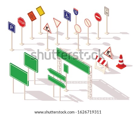 Set of different road signs isometric. Common warning signs symbols and road traffic regulatory. Flat 3d isometric icons road signs for infographic