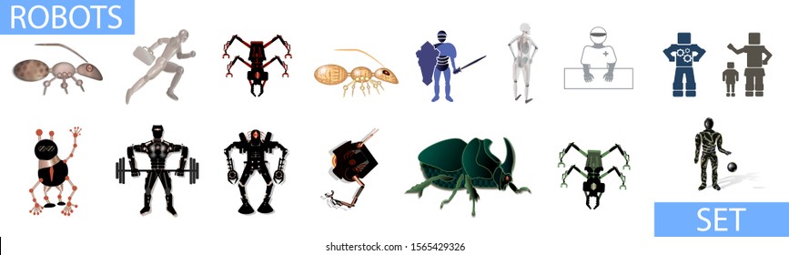 Set of different robots drawn in various styles. Icons. Stock vector illustration. 3d cyborgs. Humanoid machines. Robot beetle. Cyber Sport. Cartoon styles. Realistic robots. Artificial intelligence. 