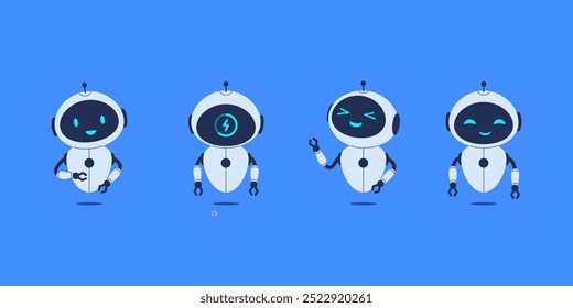 Conjunto de diferentes robots sobre fondo azul. Ilustración vectorial para conceptos de IA, diseños de tecnología y proyectos futuristas