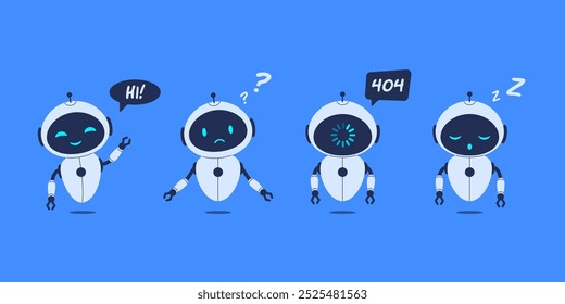 Set of different robots on blue background. Vector illustration for AI concepts, technology designs, and futuristic projects