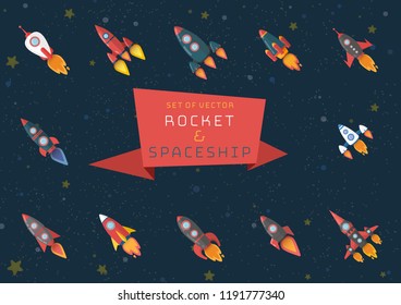 Set of of different rocket and space shuttle, Astronautics and space technology isolated on space background.