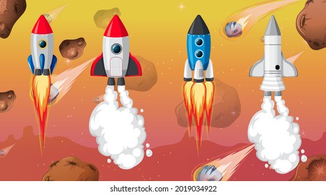 Set of different rocket and spaceship in space background illustration