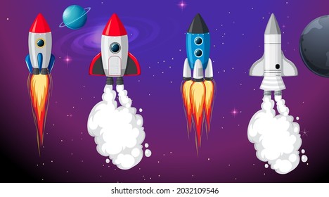 Set of different rocket and spaceship in space background illustration