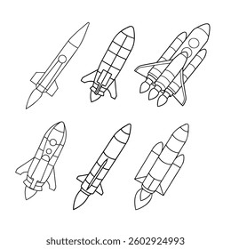 Set of different rockets. Spaceships in outline style