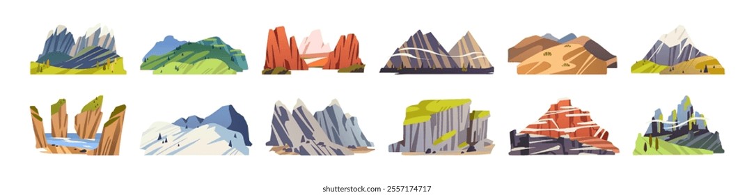 Set of different rocky mountains. Various rocks range for hiking, climbing to top, peak with snow downhills, grass hills. Wild nature landscape. Flat isolated vector illustrations on white background