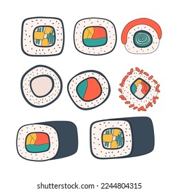 Set of different rolls icons. Asian food, sushi. Vector illustration in flat style