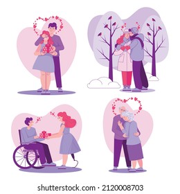 Set of different romantic couples hugging and giving gifts isolated on white. Young, senior, disabled couples in love expressing love.Valentine day background. Vector illustration, character design.