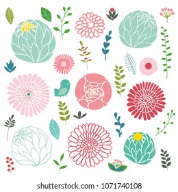 A set of different romantic flowers, berries and leaves. Floral and cute spring set in pink and mint color. Vector illustration on white background.