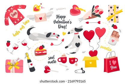 Set of different romantic and warm valentine day signs. Lovely greetings and gifts for soul mate, celebrating couple love relationship, lovers saint holiday cartoon vector illustration