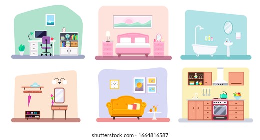 Set of different rooms interior minimalist design. Vector flat illustration isolated on white background