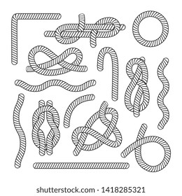 Set of different rope elements and knots outline sketch style, vector illustration isolated on white background. Collection of marine knots and wavy or straight cord string and round frame and loop