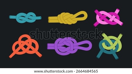 Set of different rope knots. Twisted, tied complex cord knots. Decorative braiding, sea loops. Hand drawn vector illustration isolated on black background, modern flat cartoon style.