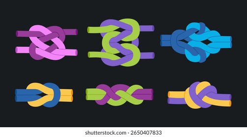 Conjunto de diferentes nós de corda. Dois fios de duas cores amarrados juntos. Tranças decorativas, laços do mar. Ilustração vetorial desenhada à mão isolada sobre fundo preto, estilo de desenho animado plano moderno.