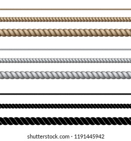 Set of different ropes on white background. Isolated vector illustration.